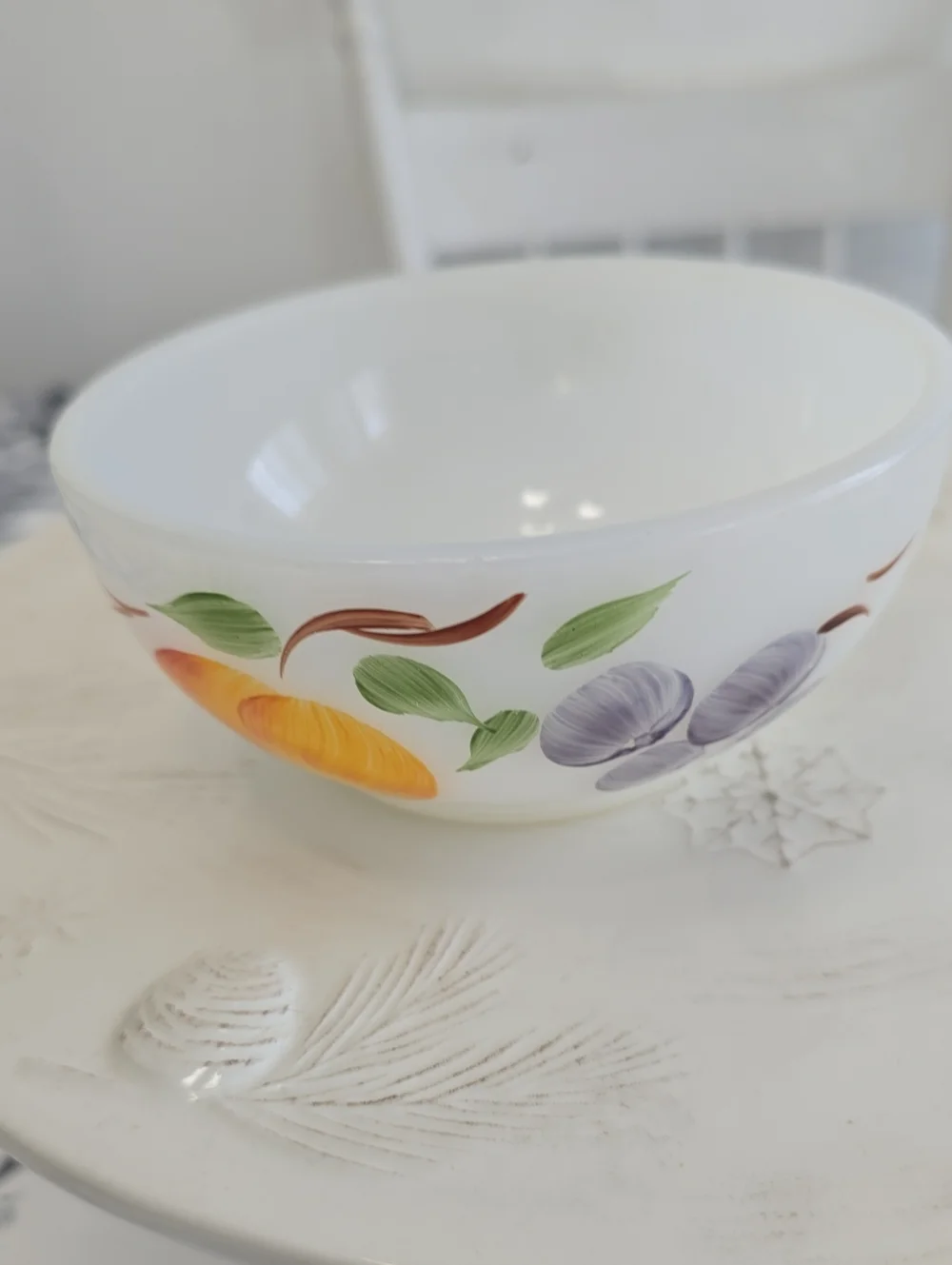 Vintage Fire King Gay Fad Fruit  Ovenware White Milk Glass Bowl Almost 5